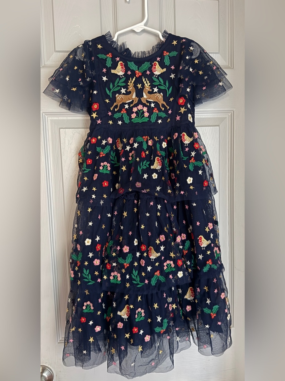 Mini Boden Navy Blue Tiered Tulle Dress with Embroidered Deer & Birds 5-6